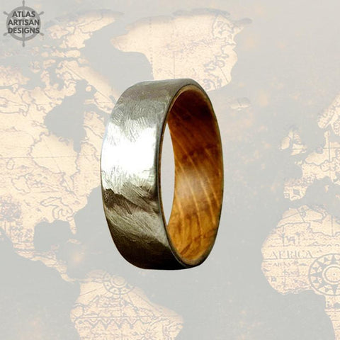 Image of Hammered Whiskey Barrel Ring Mens Wedding Band Wood Ring, Silver Wedding Band Mens Ring, Whisky Barrel Ring Wood Wedding Band Hammered Ring - Atlas Artisan Designs