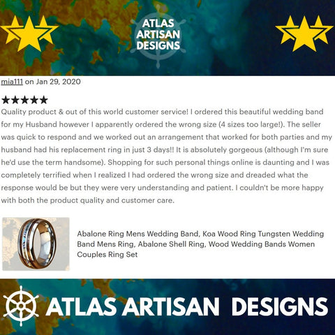 Image of 8mm Koa Wood Ring Mens Wedding Band Abalone Ring, Tungsten Wedding Band Mens Ring Abalone Shell Ring Unique Wedding Bands Women Black Ring - Atlas Artisan Designs