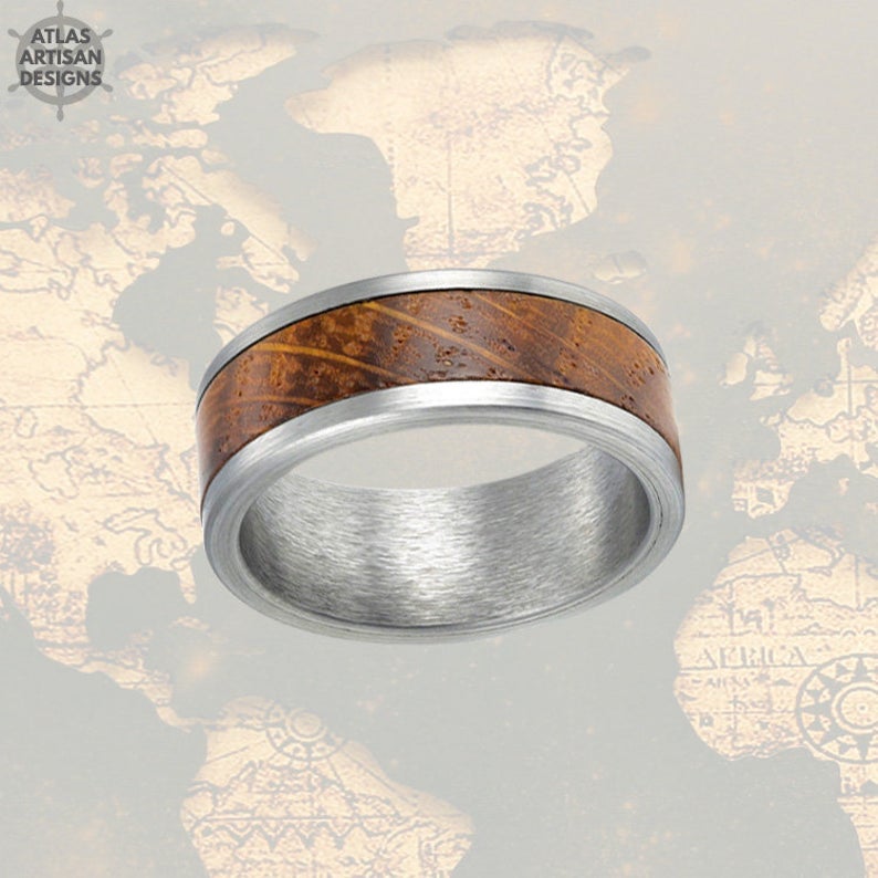 8mm Unique Whiskey Wood Ring Mens Wedding Band Silver Ring