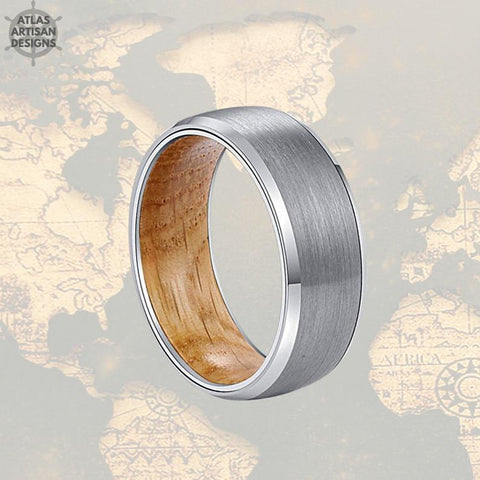 Image of Beveled Silver Whiskey Barrel Ring Mens Wedding Band Wood Ring, Tungsten Ring Wood Wedding Band Mens Ring, Unique Wood Promise Ring for Him - Atlas Artisan Designs