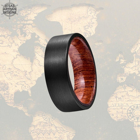 Image of Sandal Wood Ring Mens Wedding Band Tungsten Ring, Pipe Cut Wood Wedding Band Mens Ring, 8mm Wood Inlay Ring Unique Wedding Ring Wooden Ring - Atlas Artisan Designs