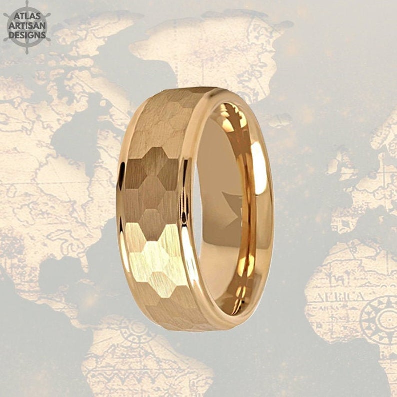 Hammered Viking Ring Mens Wedding Band Tungsten Ring, 18K Gold Wedding Band Mens Ring, Unique Gold Hammered Ring - Atlas Artisan Designs