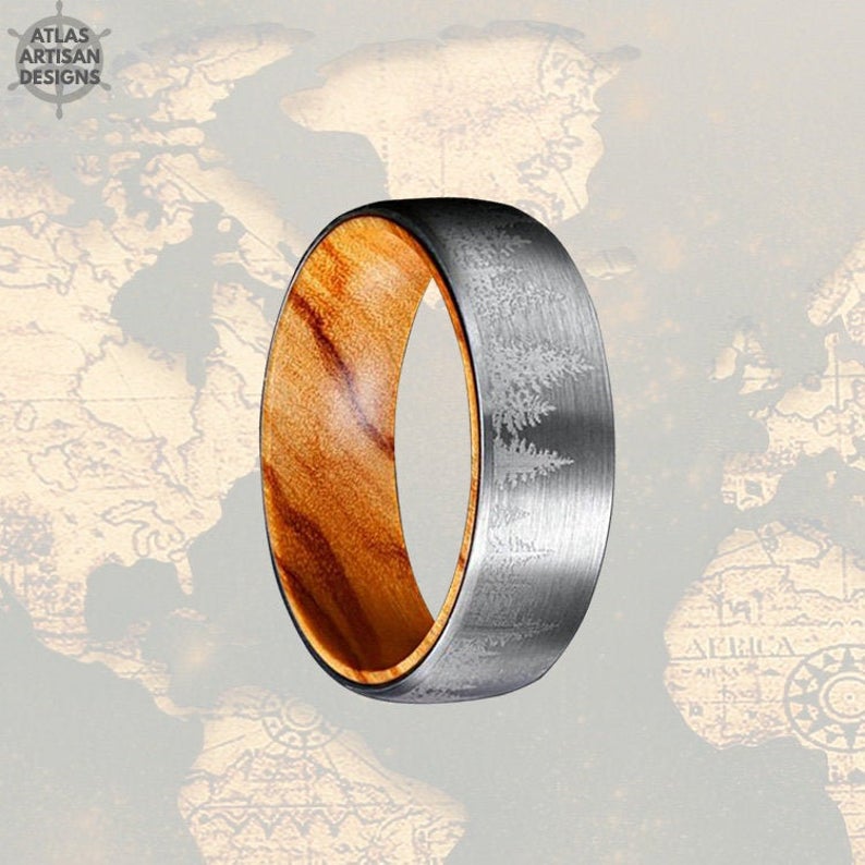 Spruce Tree Tungsten Ring Mens Wedding Band Wood Ring Silver Tungsten Ring - Atlas Artisan Designs