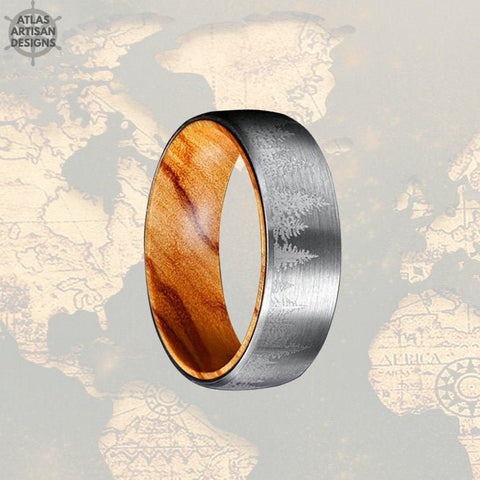 Image of Spruce Tree Tungsten Ring Mens Wedding Band Wood Ring Silver Tungsten Ring - Atlas Artisan Designs