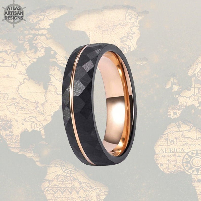 6mm Tungsten Rose Gold Wedding Bands - Black Hammered Womens Ring