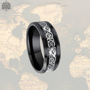 8mm Black Viking Wedding Ring Mens Wedding Band Tungsten Ring, Celtic Wedding Ring - Atlas Artisan Designs