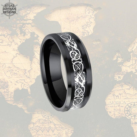 Image of 8mm Black Viking Wedding Ring Mens Wedding Band Tungsten Ring, Celtic Wedding Ring - Atlas Artisan Designs