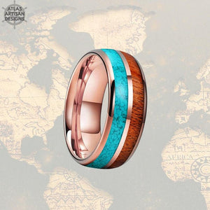 Mens Turquoise Ring Rose Gold Wedding Band Wood Ring - Koa Wood Ring