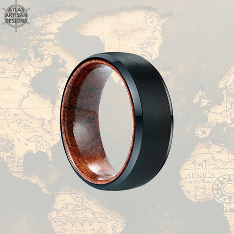 Image of Unique Mens Wedding Band Tungsten Ring, Sandal Wood Ring Nature Wedding Ring, 8mm Black Mens Ring, Wooden Ring, Wood Promise Ring for Him - Atlas Artisan Designs