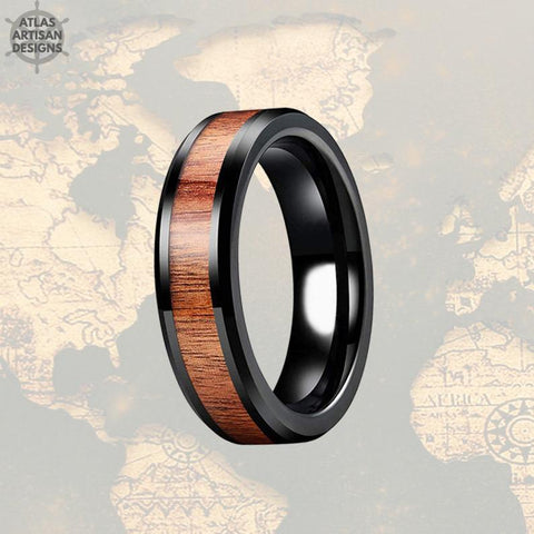 Image of 6mm Beveled Thin Black Wedding Band Tungsten Ring Koa Wood Ring