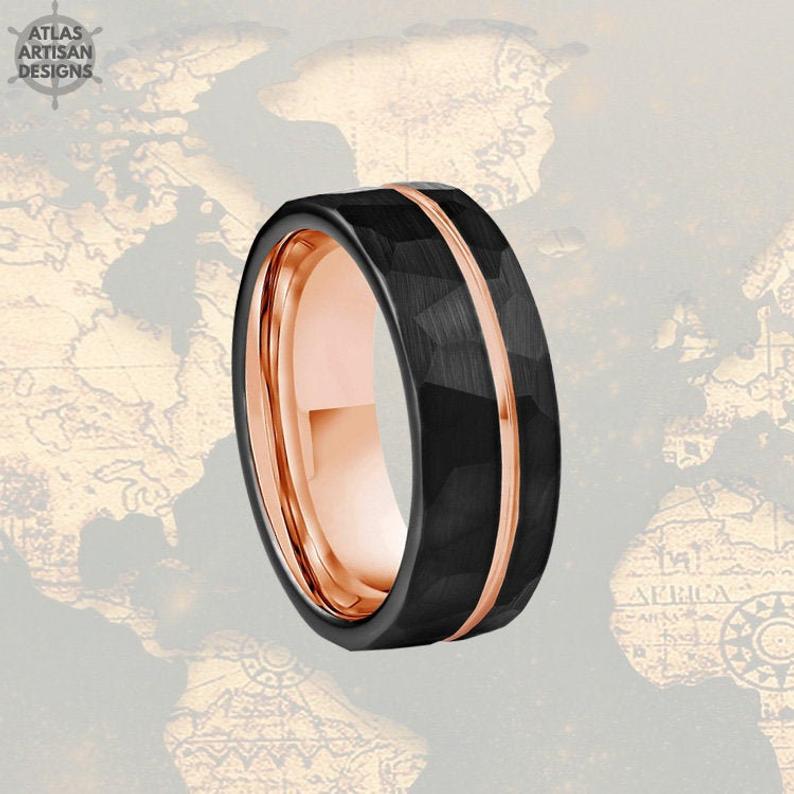 Rose Gold Ring Mens Wedding Band Hammered Ring - Atlas Artisan Designs