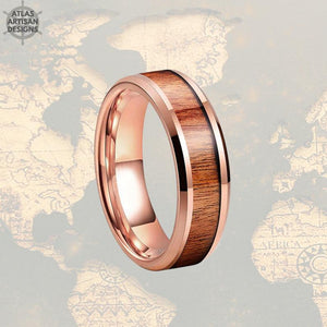 6mm Beveled 18K Rose Gold Ring Wedding Band Tungsten Ring Koa Wood Ring