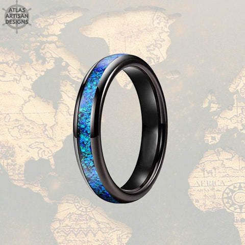 Image of 4mm Black Tungsten Ring Blue Opal Wedding Band Womens Ring