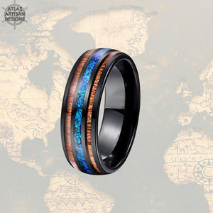 Blue Opal Ring Mens Wedding Band Wood Tungsten Ring - Atlas Artisan Designs