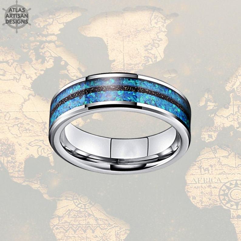 6mm Thin Blue Opal & Meteorite Ring Tungsten Wedding Bands Women Ring Meteorite Wedding Band Tungsten Ring, Mens Wedding Band Couples Rings - Atlas Artisan Designs