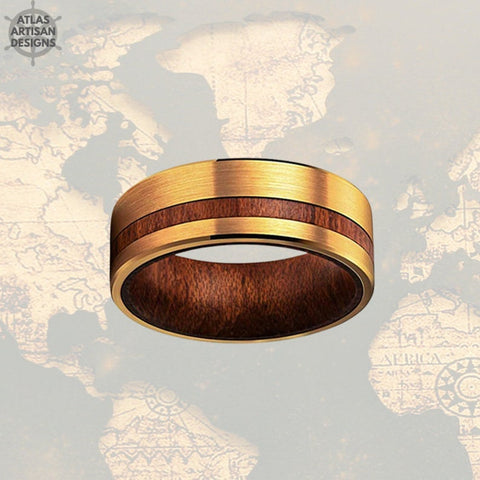 Image of 14K Gold Wedding Band Wooden Ring - Yellow Gold Ring Mens Wedding Band