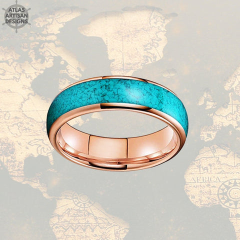 Image of 8mm Rose Gold Ring Mens Wedding Band Turquoise Ring