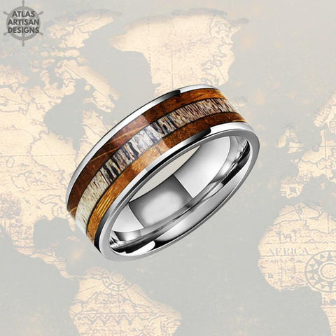 Image of Tungsten Whiskey Barrel Ring with Deer Antler Inay Mens Wedding Band Silver Antler Rings - Atlas Artisan Designs