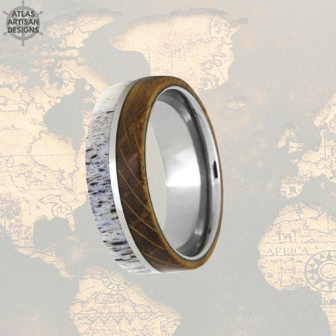 Image of Whiskey Barrel Ring Mens Wedding Band Tungsten Ring - Antler Ring Tungsten Wedding Band