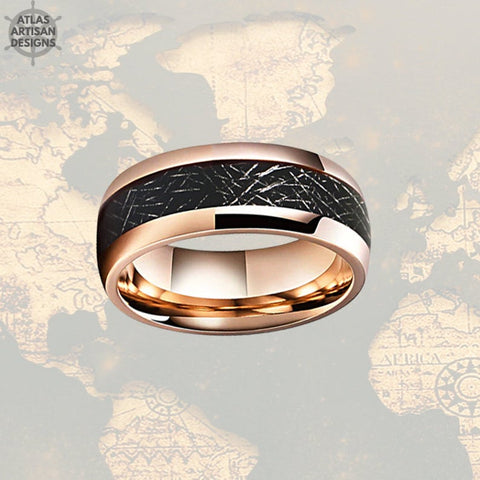 18K Rose Gold Meteorite Ring Mens Wedding Band Tungsten Ring, 8mm Rose Gold Ring Meteorite Wedding Ring for Men - Atlas Artisan Designs