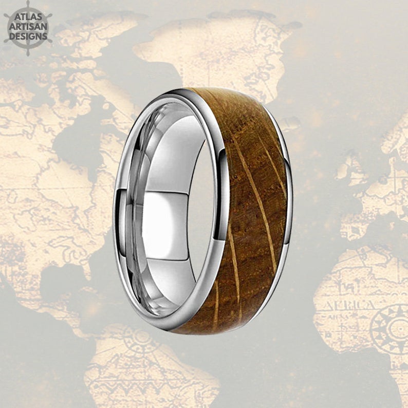 Silver Whiskey Wood Ring Mens Wedding Band Tungsten Ring Whiskey Barrel Ring Polished Mens Wedding Ring Wooden Ring Bourbon Barrel Mens Ring - Atlas Artisan Designs