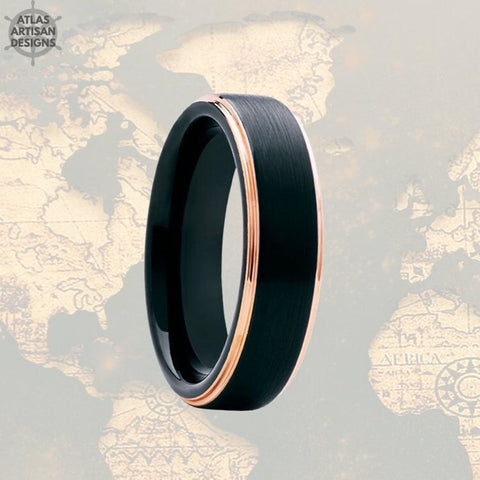 Image of 6mm Thin Rose Gold Tungsten Ring Mens Wedding Band Black Ring