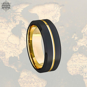 18K Yellow Gold Mens Wedding Band Two Tone Tungsten Ring with Beveled Edges - Atlas Artisan Designs