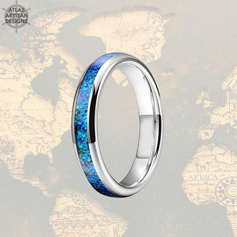 Image of 4mm Silver Tungsten Ring Blue Opal Wedding Band Womens Ring