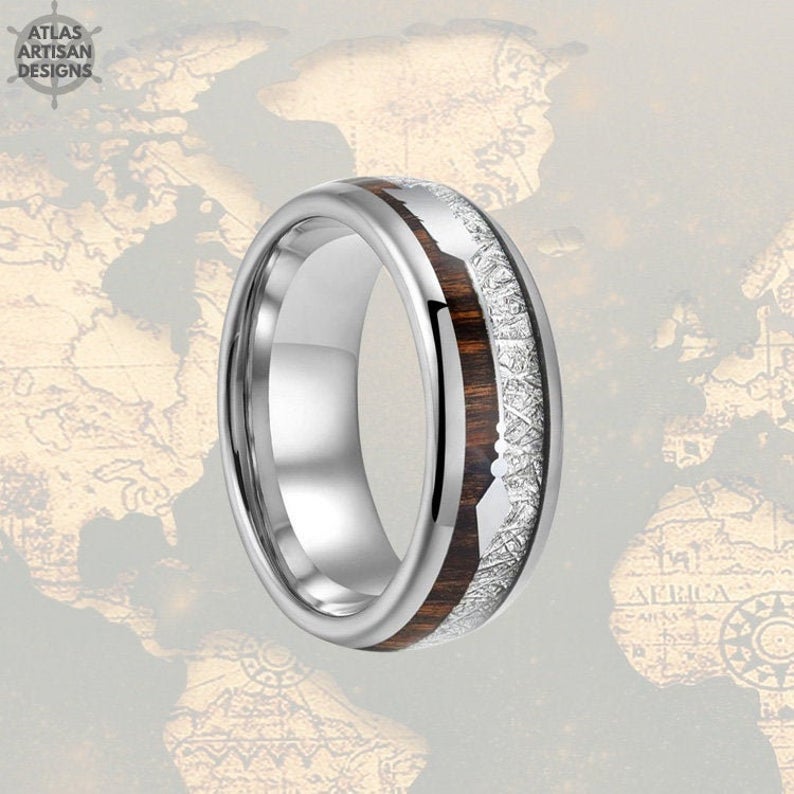 Meteorite Ring Mens Wedding Band Tungsten Ring - 8mm Koa Wood Ring