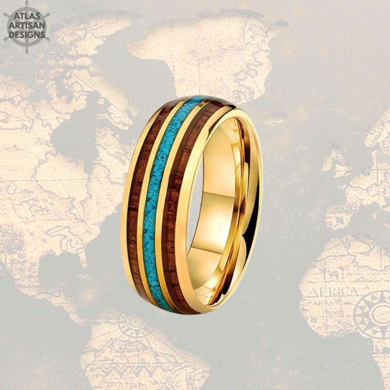 Unique Turquoise Mens Ring Gold Tungsten Wedding Bands Koa Wood Ring