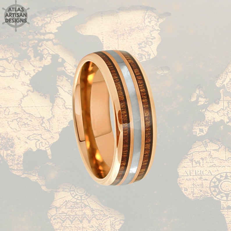 Rose Gold Mother of Pearl Ring, 8mm Koa Wood Ring Mens Wedding Band Rose Gold Ring - Atlas Artisan Designs