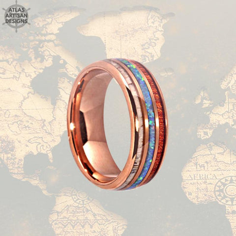 18K Rose Gold Ring Mens Wedding Band, Deer Antler Ring with Opal Inlay, Mens Wooden Ring - Atlas Artisan Designs