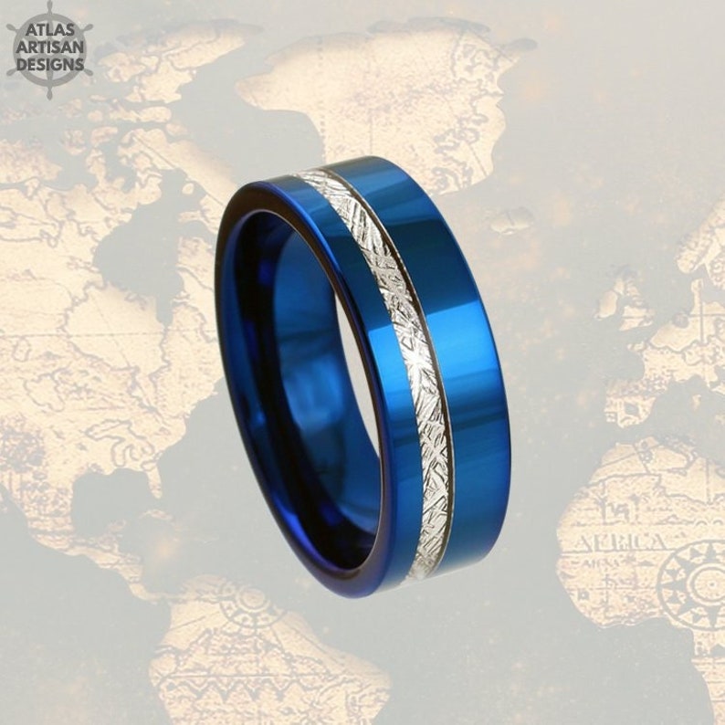 8mm Blue Tungsten Wedding Band Meteorite Mens Tungsten Ring