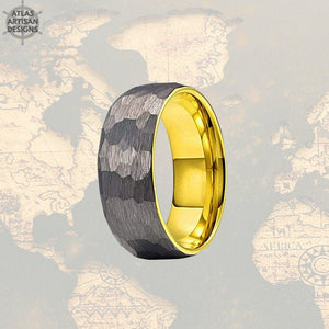 18K Yellow Gold Ring Mens Wedding Band Tungsten Ring, 8mm Silver Hammered Ring Unique Viking Ring for Men, Gold Wedding Band Mens Ring - Atlas Artisan Designs