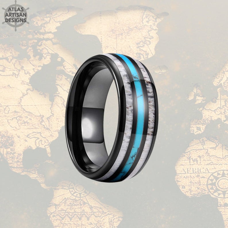 Deer Antler Ring Mens Wedding Band Tungsten Ring, Turquoise Ring with Antler Inlay, Tungsten Nature Ring - Atlas Artisan Designs