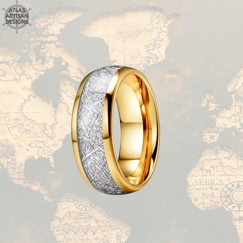 8mm Yellow Gold Mens Wedding Band Tungsten Ring - Unique Mens Meteorite Ring