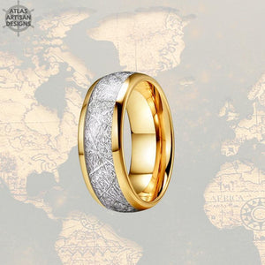 8mm Yellow Gold Mens Wedding Band Tungsten Ring - Unique Mens Meteorite Ring