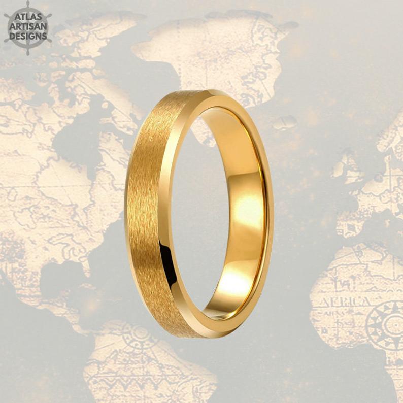 4mm Thin 14K Yellow Gold Ring Tungsten Wedding Band Womens Ring - Atlas Artisan Designs