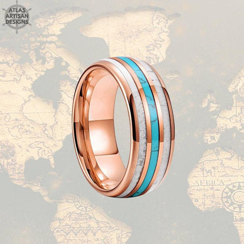 Image of 18K Rose Gold Ring Mens Wedding Band Tungsten Ring, 8mm Deer Antler Ring Rose Gold Wedding Band Turquoise Mens Ring - Atlas Artisan Designs