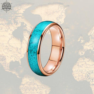 Turquoise Ring Mens Wedding Band Tungsten Ring Rose Gold Wedding Band - Atlas Artisan Designs