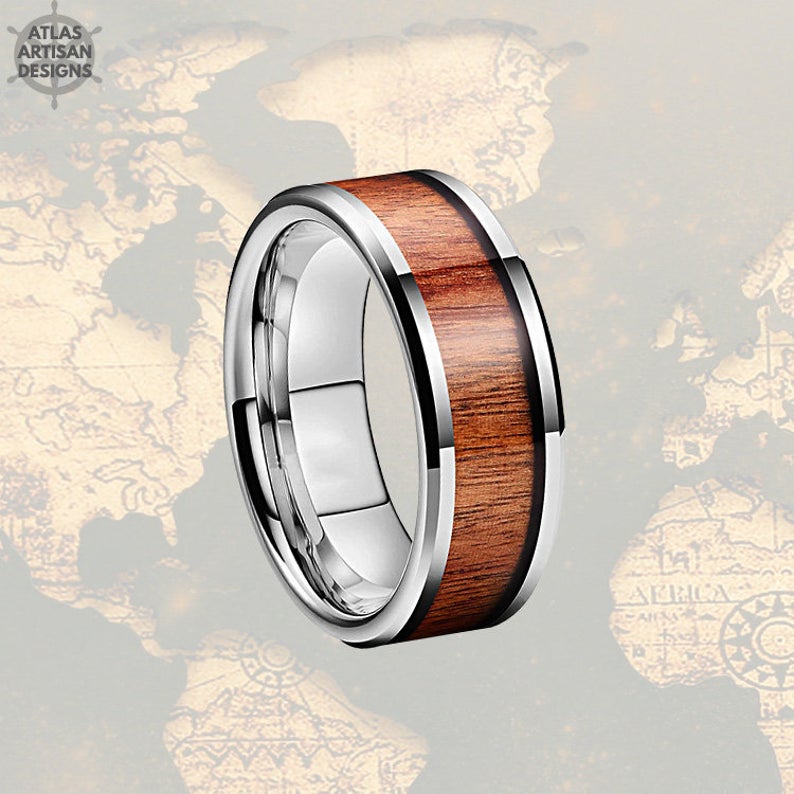 Hawaiian Koa Wood Ring Mens Wedding Band Tungsten Ring, Wood Wedding Band Mens Ring, Nature Wedding Ring 8mm Tungsten Ring Unique Mens Ring - Atlas Artisan Designs
