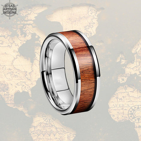 Image of Hawaiian Koa Wood Ring Mens Wedding Band Tungsten Ring, Wood Wedding Band Mens Ring, Nature Wedding Ring 8mm Tungsten Ring Unique Mens Ring - Atlas Artisan Designs