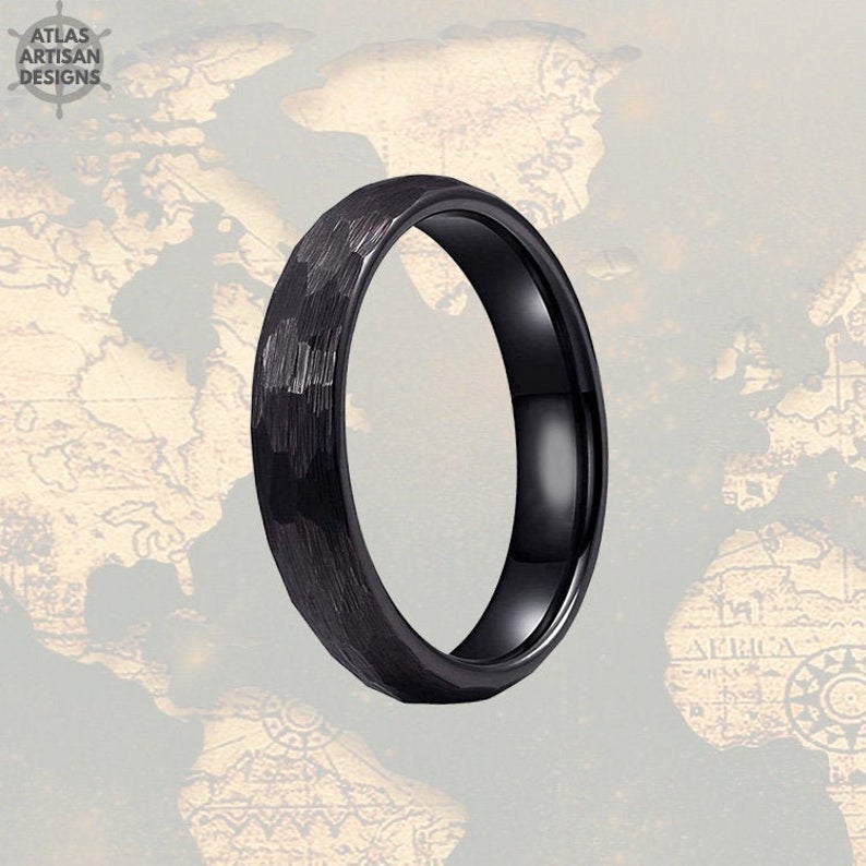 Black Hammered Ring Tungsten Wedding Band Viking Ring - 4mm Black Ring