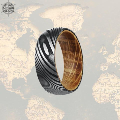Image of Damascus Whiskey Barrel Ring, 8mm Damascus Steel Ring Whiskey Wood Ring Mens Wedding Band Damascus Ring - Atlas Artisan Designs
