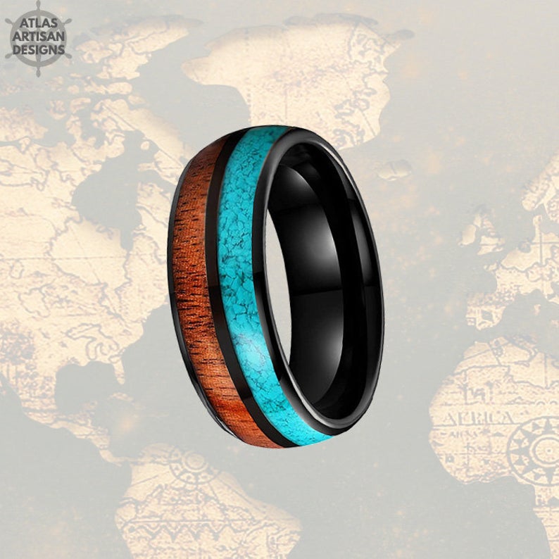 8mm Black Ring Mens Turquoise Ring Tungsten Wedding Band Koa Wood Ring