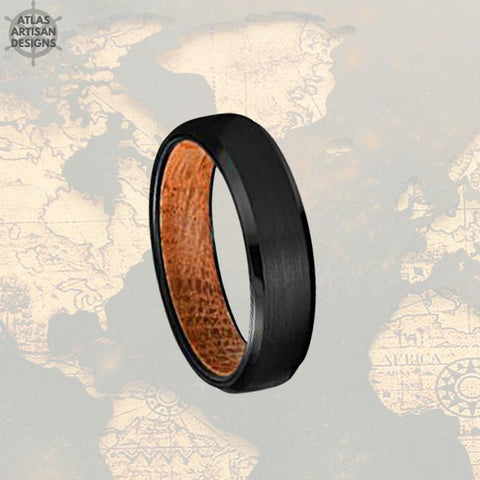 Image of Bourbon Barrel Wood Ring Mens Wedding Band Tungsten Ring, Black Whiskey Barrel Ring Wood Wedding Band Mens Ring, Thin Wood Ring Nature Ring - Atlas Artisan Designs