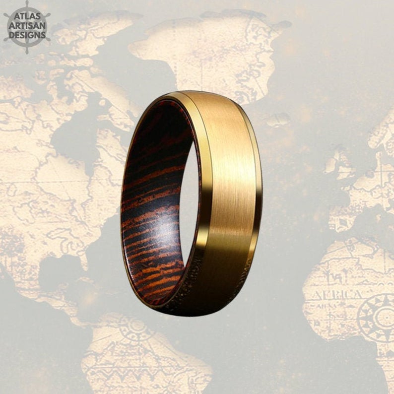 14K Gold Wedding Band Mens Ring with Beveled Edges, Wenge Wood Ring Mens Wedding Band Tungsten Ring, Unique Gold Ring - Atlas Artisan Designs