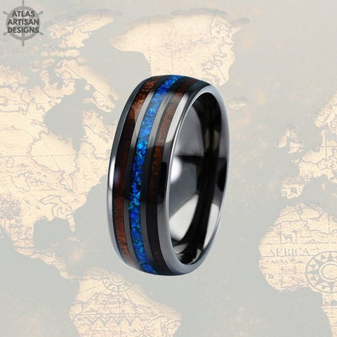 Image of Wood Ring Mens Wedding Band - Blue Opal Ring Tungsten Wedding Band