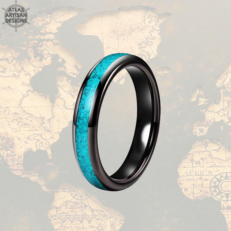 Thin Turquoise Wedding Bands Womens Ring, 4mm Black Ring