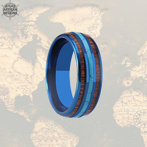 Image of Koa Wood Ring Mens Wedding Band Tungsten Ring, Turquoise Wedding Band Mens Ring, Mens Turquoise Ring Blue Tungsten Ring Nature Wedding Ring - Atlas Artisan Designs